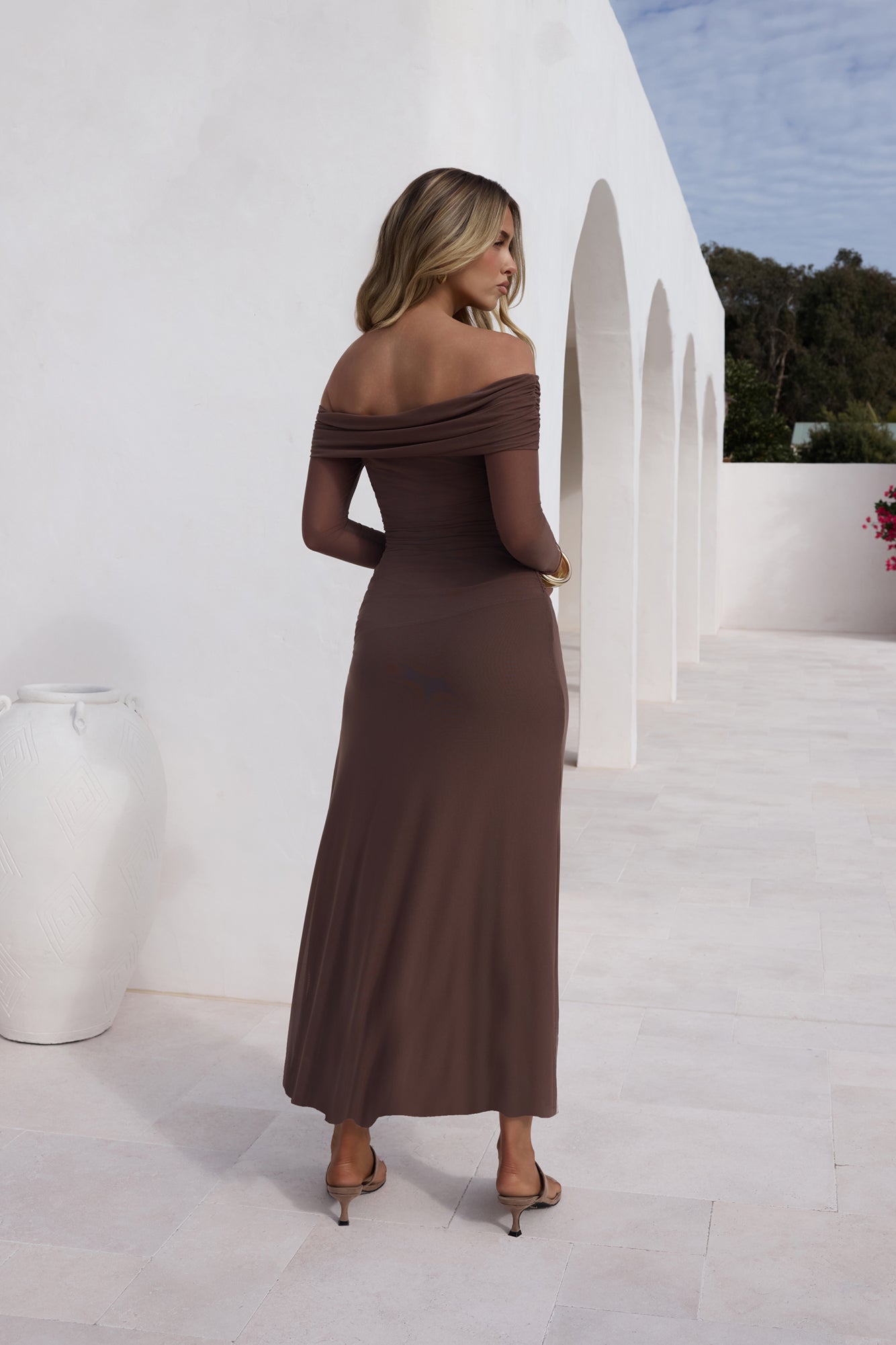 horizon luxe off shoulder maxi dress coffee