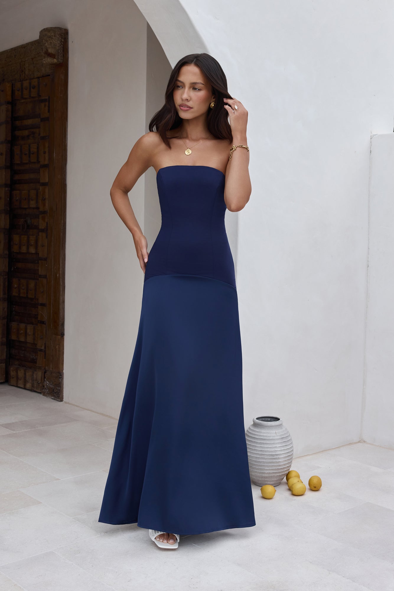 in the skies strapless maxi dress blue