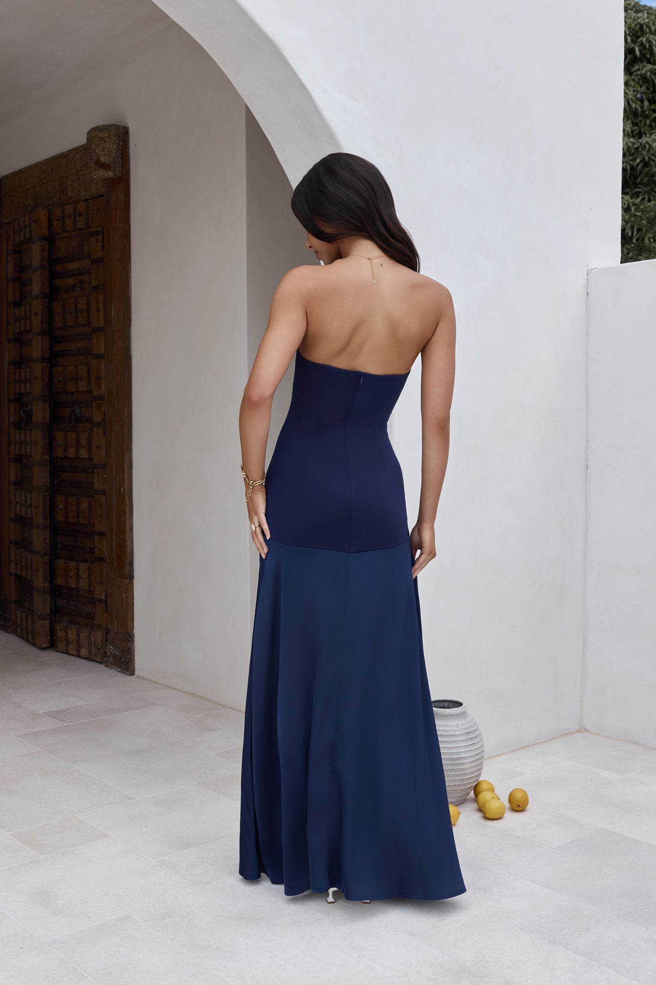 in the skies strapless maxi dress blue