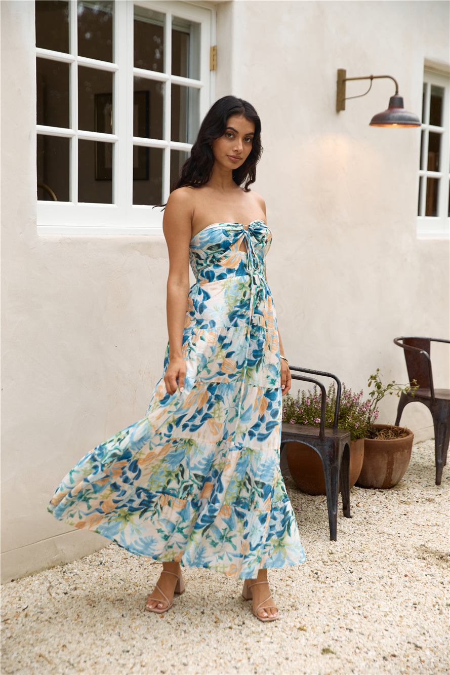 rainforest oasis strapless maxi dress blue
