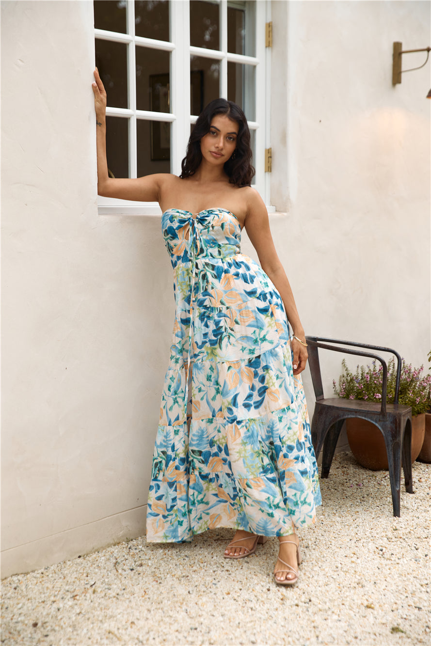 rainforest oasis strapless maxi dress blue