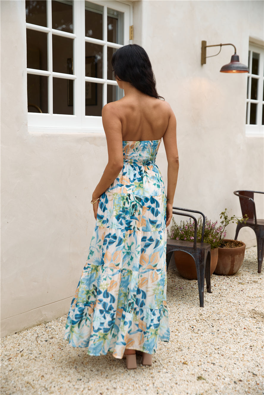 rainforest oasis strapless maxi dress blue