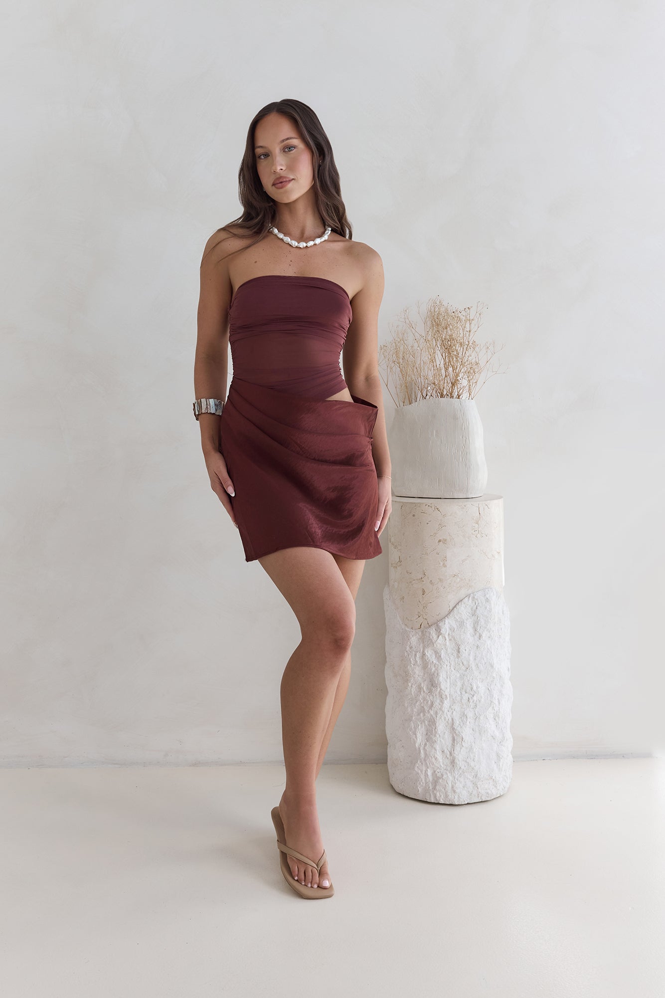call me darling strapless mesh mini dress brown