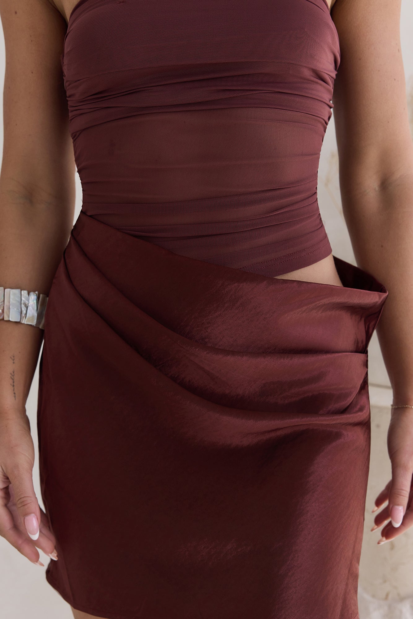 call me darling strapless mesh mini dress brown