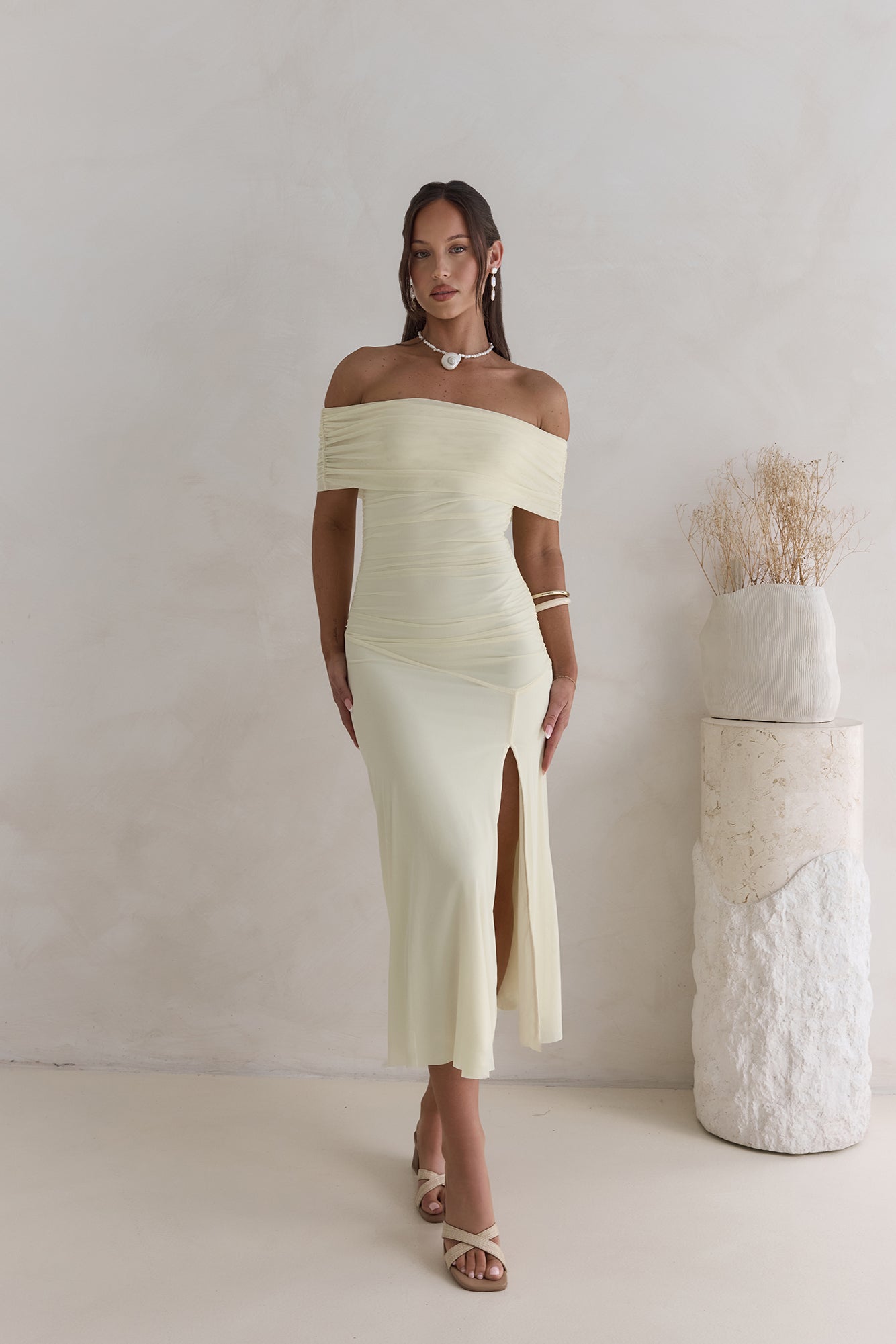 santorini strolls off shoulder midi dress yellow