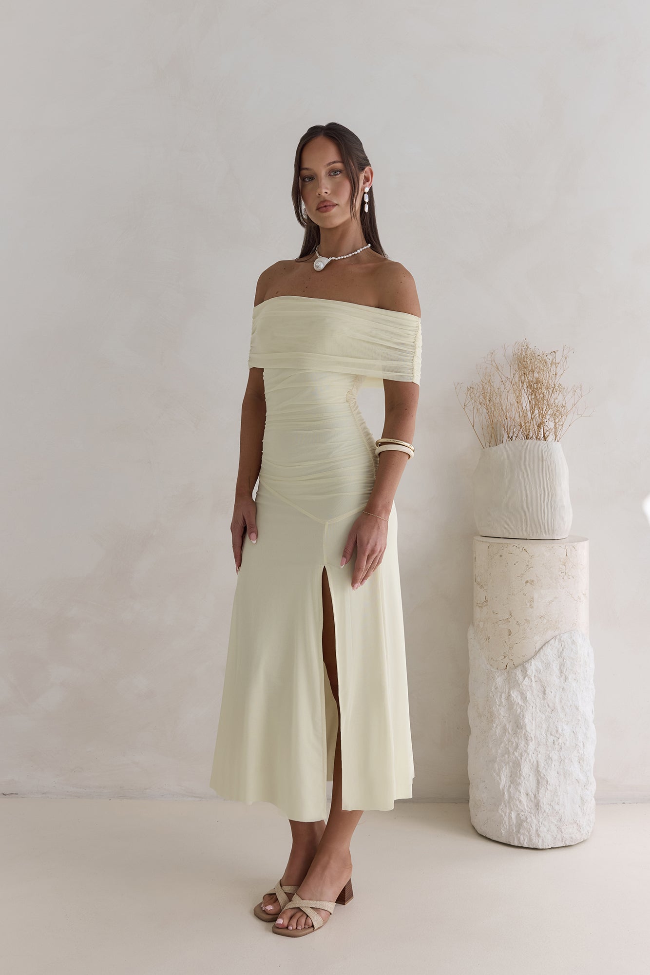 santorini strolls off shoulder midi dress yellow