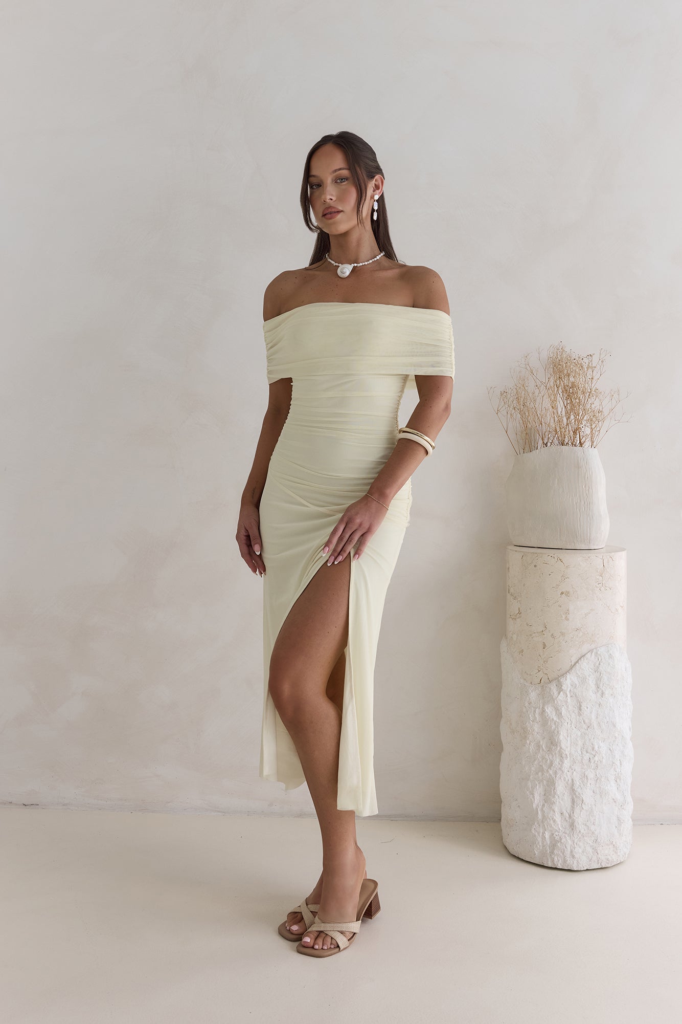 santorini strolls off shoulder midi dress yellow