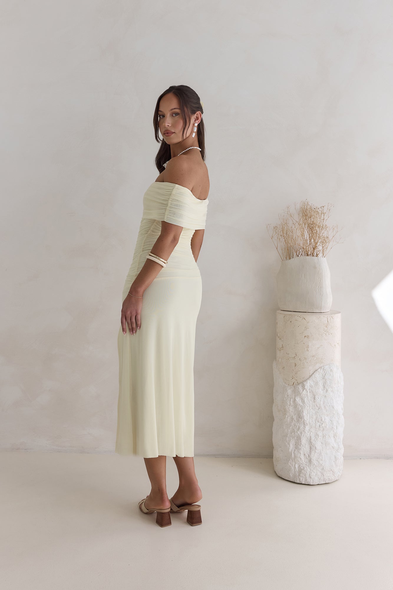 santorini strolls off shoulder midi dress yellow