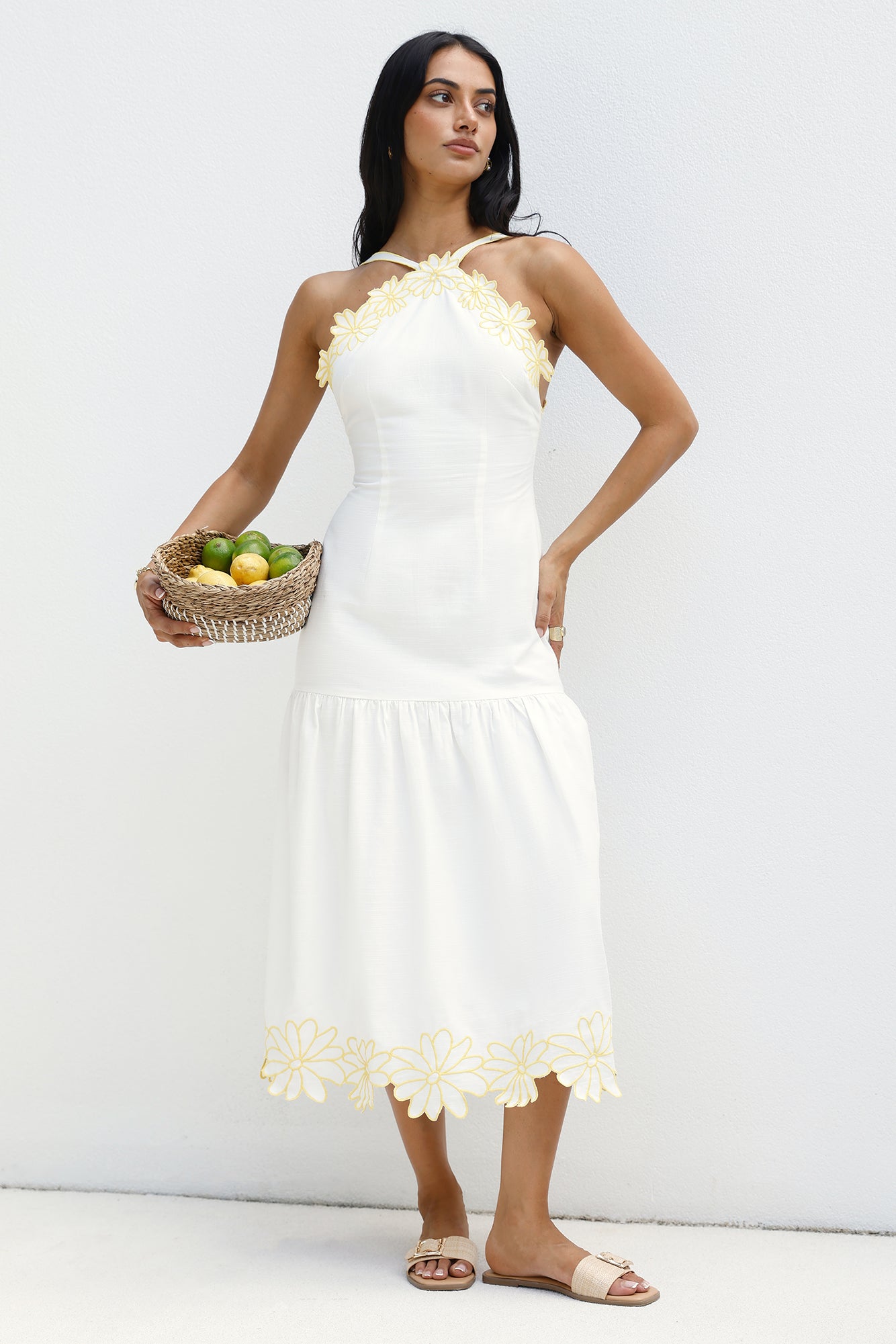 golden petals midi dress white