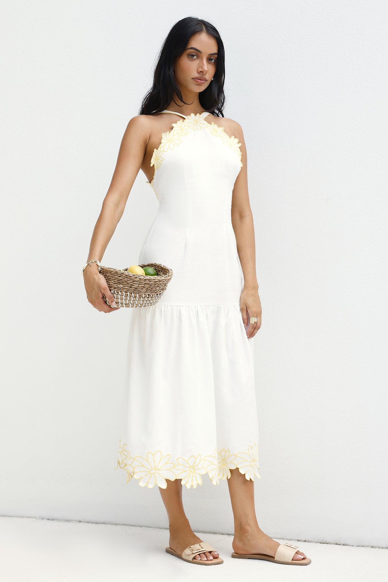 golden petals midi dress white