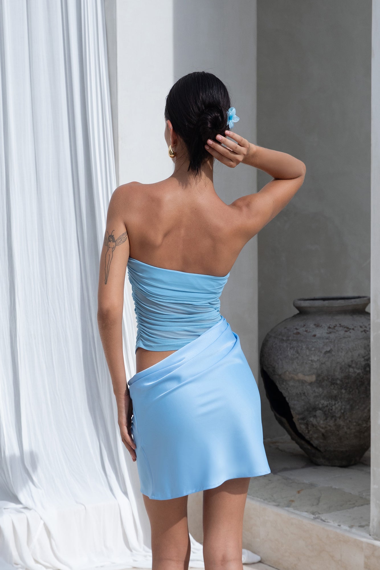 call me darling strapless mesh mini dress blue