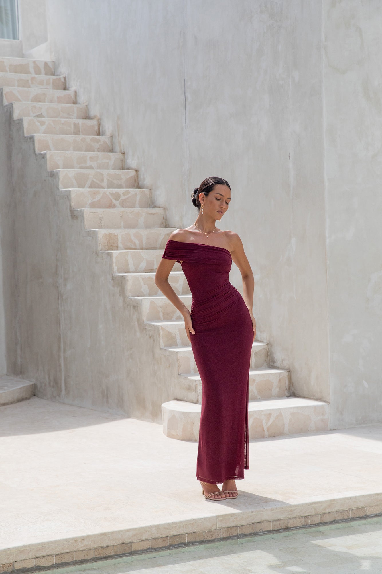 dahlia one shoulder mesh maxi dress maroon
