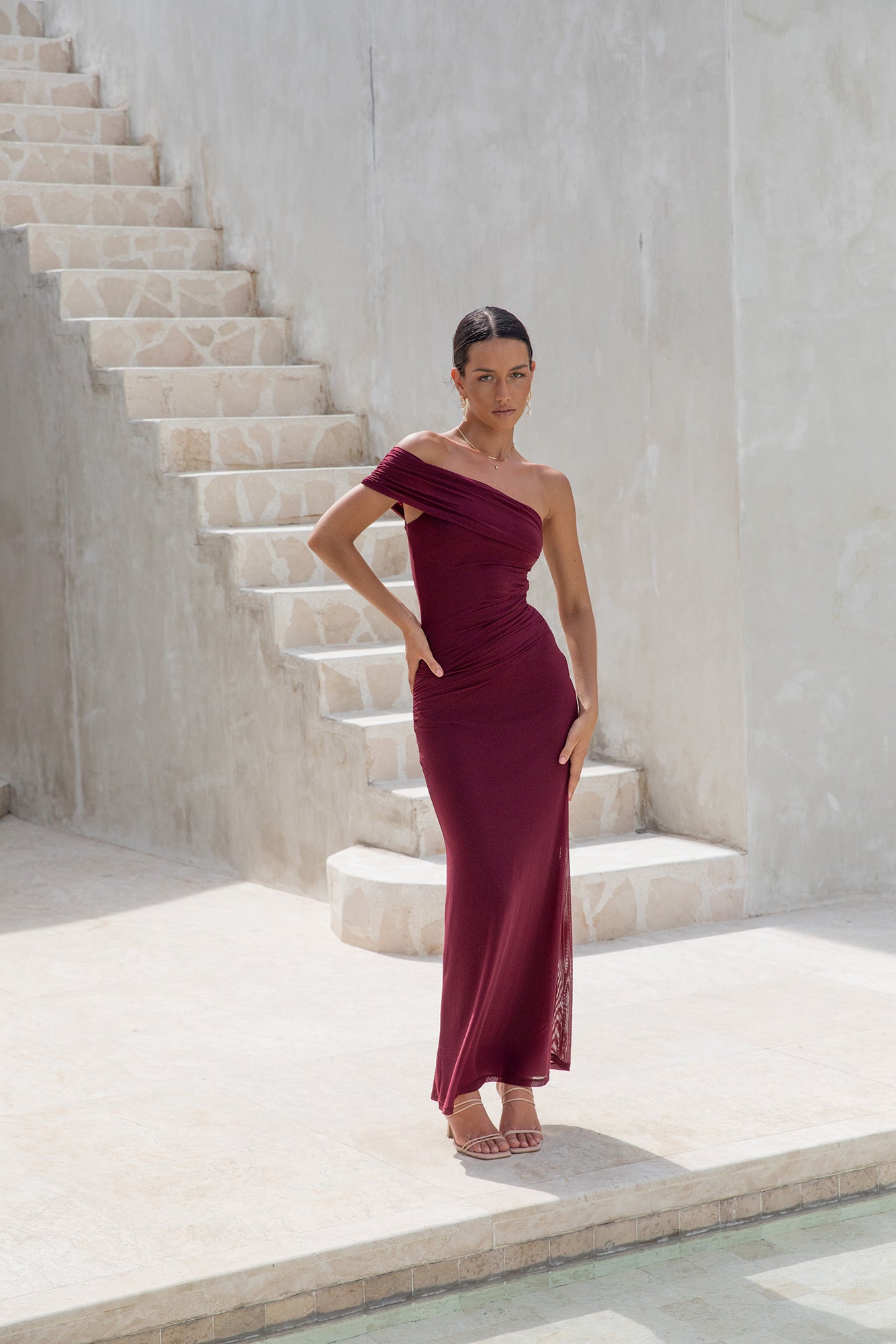 dahlia one shoulder mesh maxi dress maroon