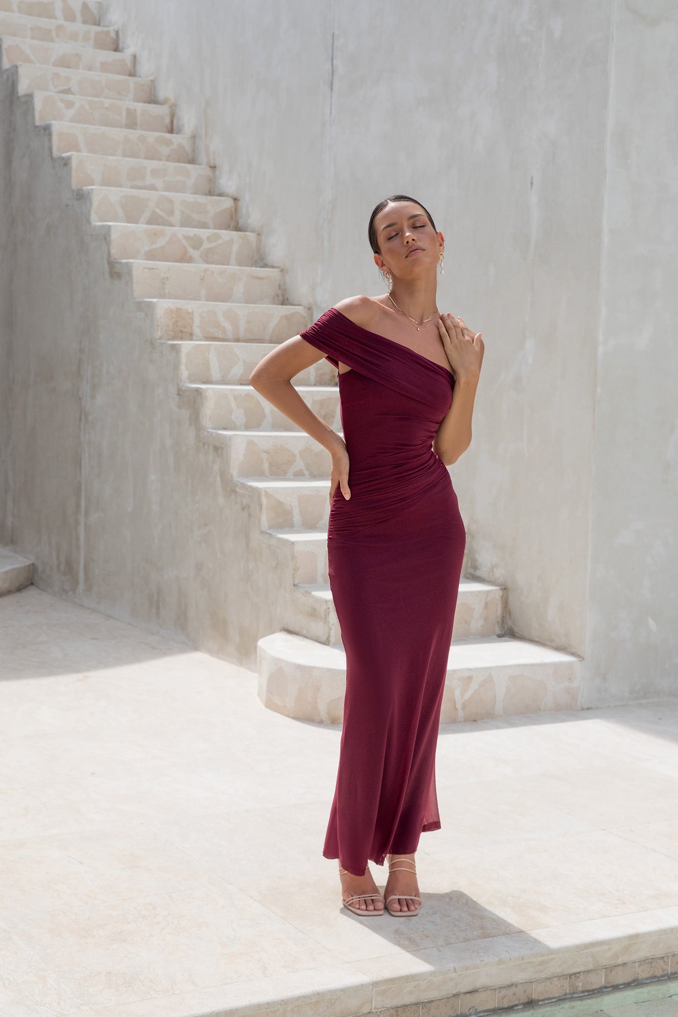 dahlia one shoulder mesh maxi dress maroon