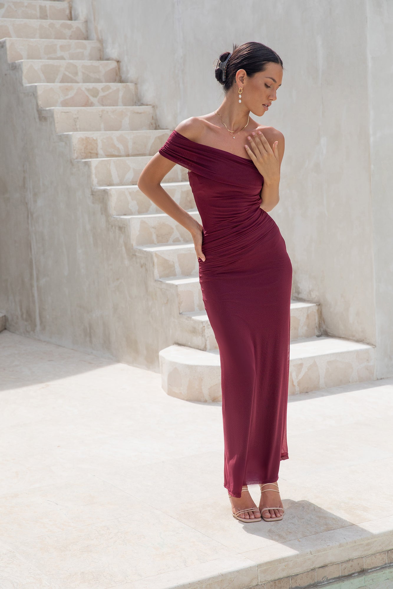 dahlia one shoulder mesh maxi dress maroon