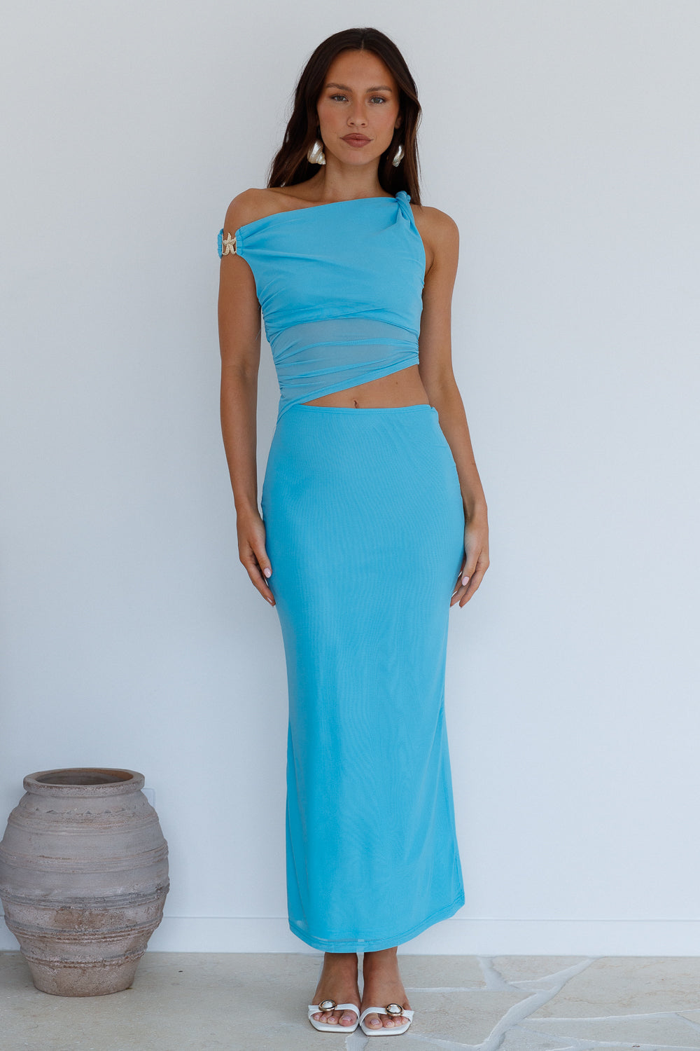 summer moon off the shoulder maxi dress blue