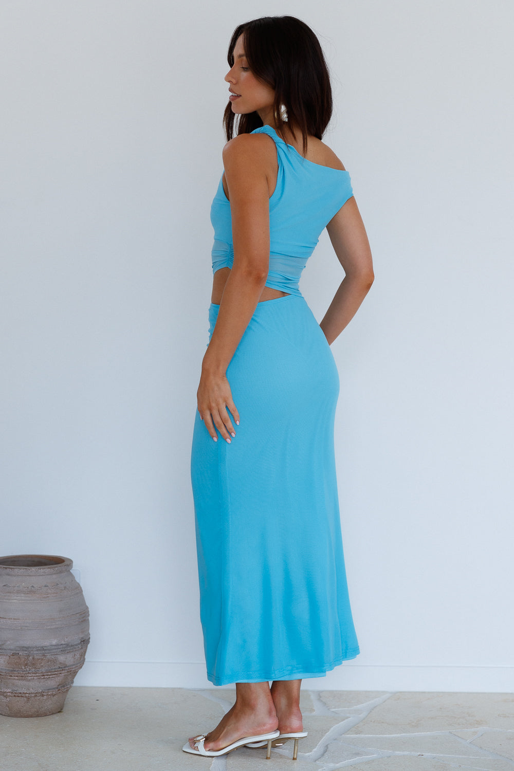 summer moon off the shoulder maxi dress blue