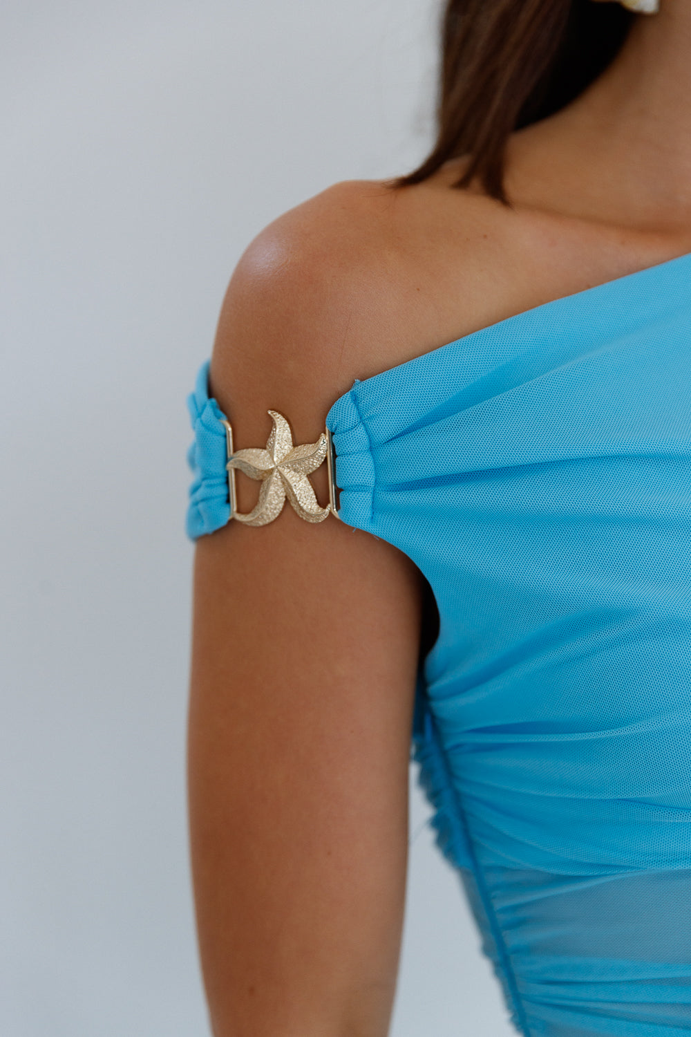 summer moon off the shoulder maxi dress blue